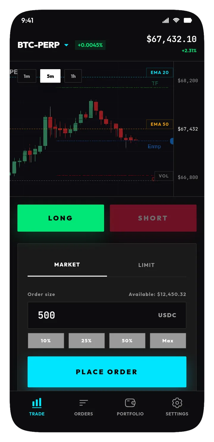 HyperTap trading home: BTC-PERP candlestick chart with Long and Short buttons, order size quick-select, and a place-order button