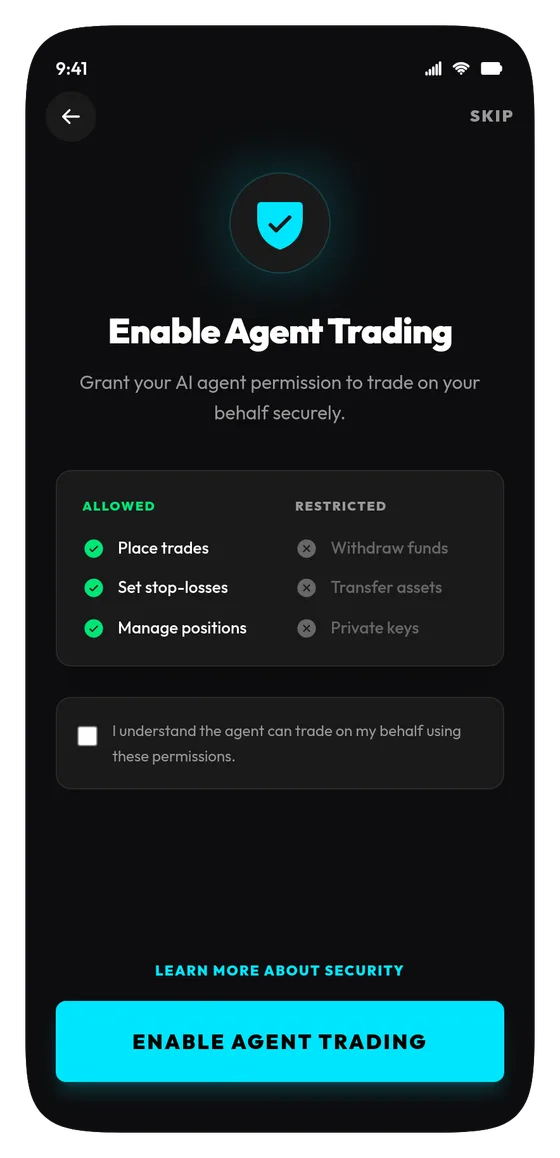 HyperTap agent-wallet approval screen showing the trading-only permissions a master wallet signs once on first launch